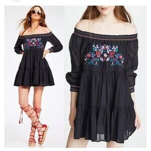 FREE PEOPLE Sunbeams Embroidered‎ Tunic Dress LARGE Black OB816795 Boho Festival